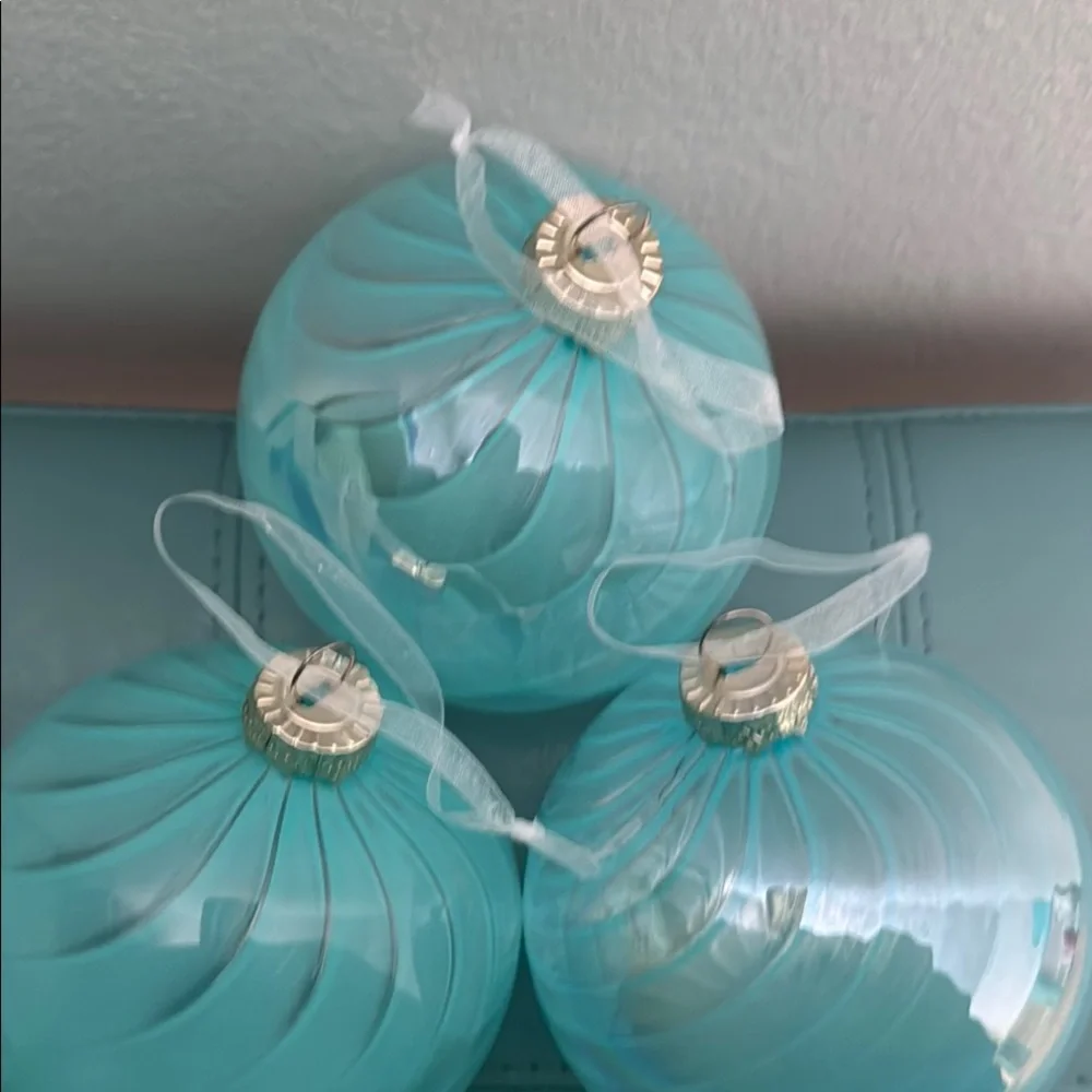 3 Large Iridescent Aqua Glass Holiday Ornaments